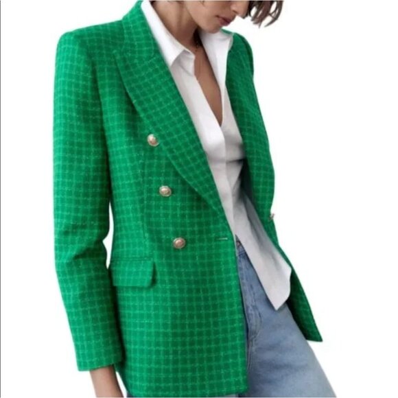 Zara Textured Double Breasted Blazer Coat Jacket Gold Button Green Plaid Large - Picture 4 of 16